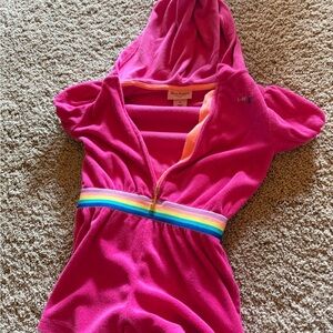 Hot Pink Hooded Terry Romper with Rainbow Waistband